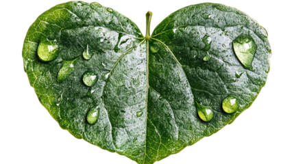 A single heart-shaped leaf glistens with water droplets, a testament to nature's artistry, and an invitation to embrace natural beauty. Isolated On Transparent and White Background