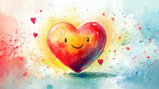 Joyful heart with smiling face and scattered hearts on abstract background