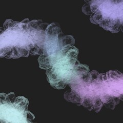 The image features a dark background with translucent, cloud-like formations in pastel colors such as lavender, aqua, and pink. The shapes overlap and create a soft, ethereal effect.