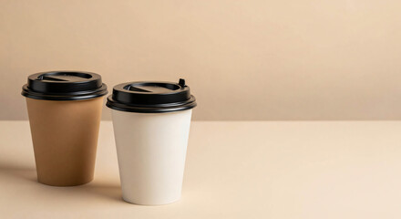 Two disposable coffee cups with black lids on a light background one brown and one white perfect for a cafe or takeaway business concept