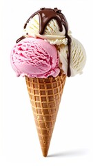Waffle cone filled with scoops of vanilla, strawberry ice cream, drizzled chocolate sauce, & sprinkles isolated on a white background