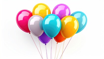 Cheerful arrangement of bright helium balloons, rendered in 3D, float against a crisp white background. Light bounces softly off their surfaces