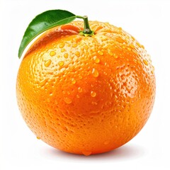 Fresh, ripe orange fruit with a vibrant green leaf, glistening with dewdrops, stands out against a pristine white backdrop
