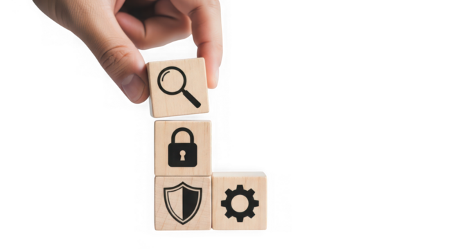 Hand stacking wooden blocks with icons for search, security, shield, and gear, isolated on transparent background