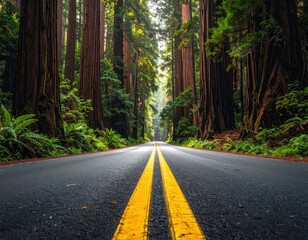 An asphalt road stretches between giant redwood trees, sunlight filtering through the canopy, creating a serene, natural tunnel effect