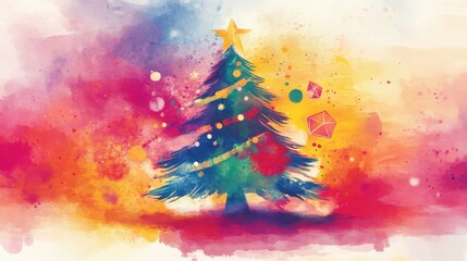 Decorated Christmas tree with ornaments and lights on abstract background