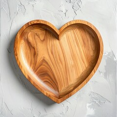 A heart-shaped wooden plate sits on a textured grey surface. The plate has a warm, natural grain. Soft shadows accentuate its contours