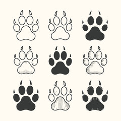 Fototapeta premium Vector art of collection of nine stylized paw print illustrations, some filled, some outlined, and some hatched, representing animal tracks and footprints