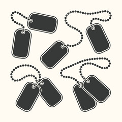 Vector art of a collection of black dog tags with beaded chains on a light beige background, symbolizing military identity and personal mementos