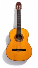 A centered acoustic guitar, with light-colored wood and brown neck, rests vertically on a white background with its shadow cast on its left side