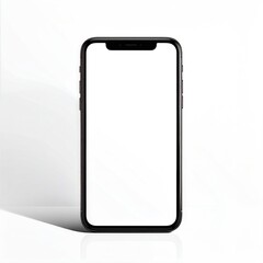 Modern black-framed smartphone with a blank, white screen casts a subtle shadow against a crisp white background, displaying simple elegance