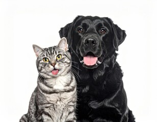 Obraz premium Adorable silver tabby cat sticking tongue out next to a friendly black Labrador dog on a bright white background in a studio portrait