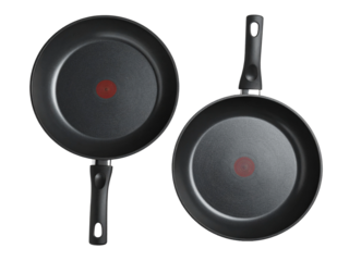 Two black nonstick frying pans resting on white background, perfect for cooking, sautéing, and kitchen use in modern households.