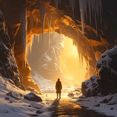 A solitary figure stands silhouetted at the entrance of a snowy, rocky cave, illuminated by a warm, glowing light