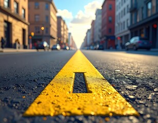 City street's bright yellow line guides the eye to the sunlight-bathed horizon amid urban buildings and distant cars in the sunny scene