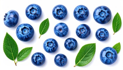 Vivid close-up shows a collection of fresh blueberries and green leaves scattered against a pristine white backdrop, lit for crisp detail