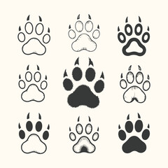 Fototapeta premium Vector art of collection of nine different paw print illustrations, some filled and some outlined, on a light cream background