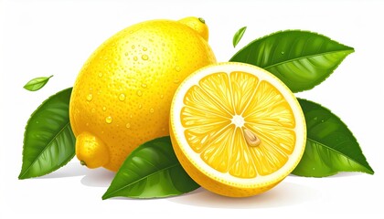 Two lemons, one whole with droplets, one halved with seed, and green leaves scattered, against a bright background