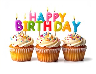 Three cupcakes with white frosting and sprinkles, topped with lit "Happy Birthday" candles, arranged against a clean, bright white background