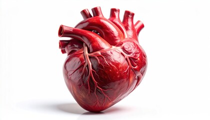 A stylized, rich red anatomical human heart with vein details is isolated against a clean white backdrop, casting a soft shadow