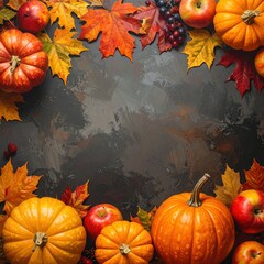 Autumnal still life, displaying pumpkins, apples, grapes, and brightly colored maple leaves against a dark, textured backdrop, forming a frame