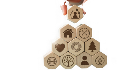 Hexagonal wooden blocks with icons representing home, family, health, nature, and community, isolated on transparent background