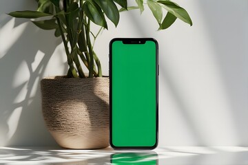 Modern smartphone with vibrant green screen placed next to a lush potted plant casting dramatic shadows, perfect for creative projects.