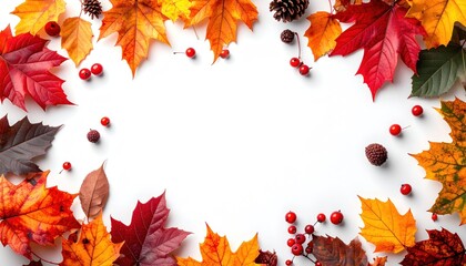 A vibrant border of colorful autumn leaves, berries, and pine cones frames a crisp white backdrop. Festive autumnal composition