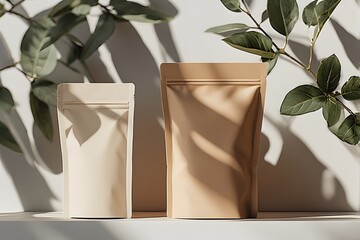 Elegant blank pouches with natural leaf shadows offer modern packaging mockup for branding and product display
