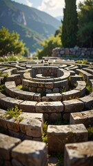 Stone labyrinth circles towards a center point, with foliage, trees, and a blurred mountain vista in background under a bright sunlit sky
