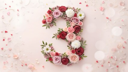 Number Three Floral Arrangement on Pink Background for Celebrations and Milestones