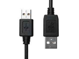 Black usb data transfer cable closeup, isolated on white background, used for connecting devices, charging, and data synchronization in electronics.