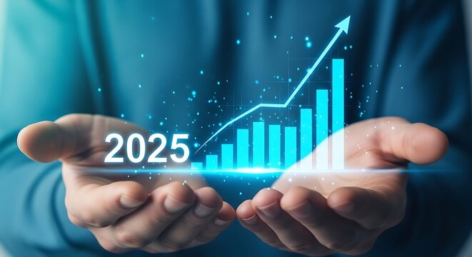 Hands holding glowing financial graph bar chart