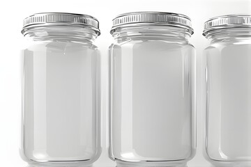 Three pristine clear glass jars with silver screw-on lids, perfect for food packaging, storage, or cosmetic product mockups.