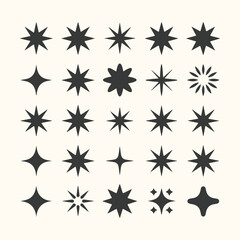 Vector art of a collection of diverse starburst and sparkle graphic elements, isolated on a light cream background, perfect for design accents and festive themes