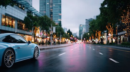 Side View of a Light Blue Luxury Car on Wet City Street at Dusk with Illuminated Buildings and Trees