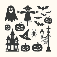 Vector art of collection of halloween silhouettes including a ghost, scarecrow, bats, pumpkins, spider, witch hat, haunted house, and street lamp