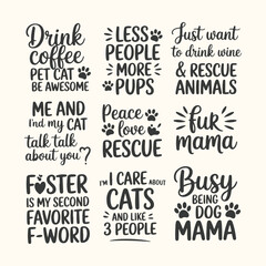 Fototapeta premium Vector art of a collection of nine humorous, handlettered quotes about cats, dogs, coffee, wine, and motherhood, isolated on a cream background