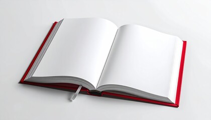 An open, bound book is angled on a white surface. Its pristine, blank pages invite creation. A red spine and marker add color