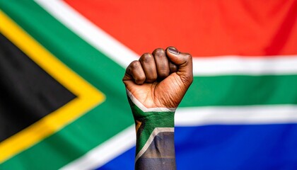 Raised fist painted with South African flag before full flag backdrop—bold gesture and layered symbolism evoke resistance, pride, and unity in minimalist activist identity composition.