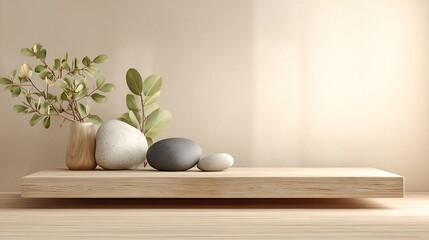 Wooden shelf with plants and stones against a beige wall, creating a serene and minimalist interior scene