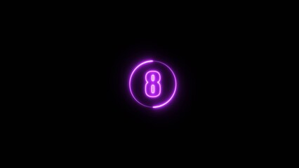 glowing neon text eight number countdown icon image on black background. Glowing neon line text illustration.