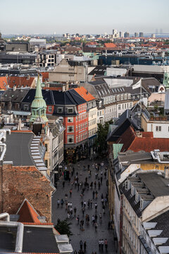 City observation view point of Copenhagen, Denmark. Views of red roofs and Danish architecture