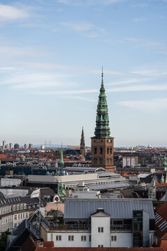 City observation view point of Copenhagen, Denmark. Views of red roofs and Danish architecture