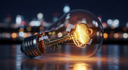 Golden key inside glowing light bulb filament