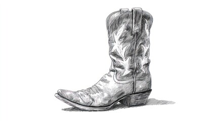 Black and white detailed sketch of a single cowboy boot with stars