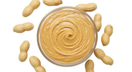 Creamy peanut butter in a jar surrounded by peanuts isolated on transparent background