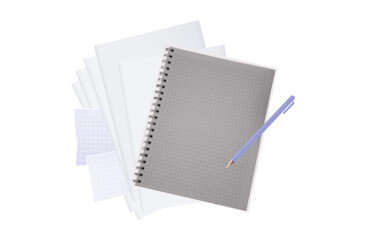 Closed notebook and workbook with school pages. Learning, knowledge, writing down new ideas. Blank sheet in notebook, school exam, torn paper piece of bookmark. Contemporary collage, halftone vector.