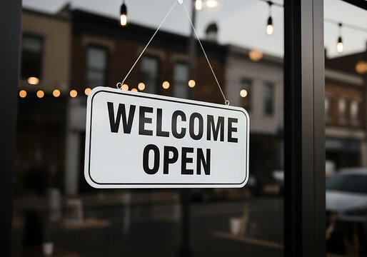 Welcome open sign hanging on a glass door of a store in a small town - Powered by Adobe