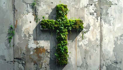 Mossy cross affixed to a weathered, decaying stone wall with trailing vines. Rendered in a hazy, painterly style